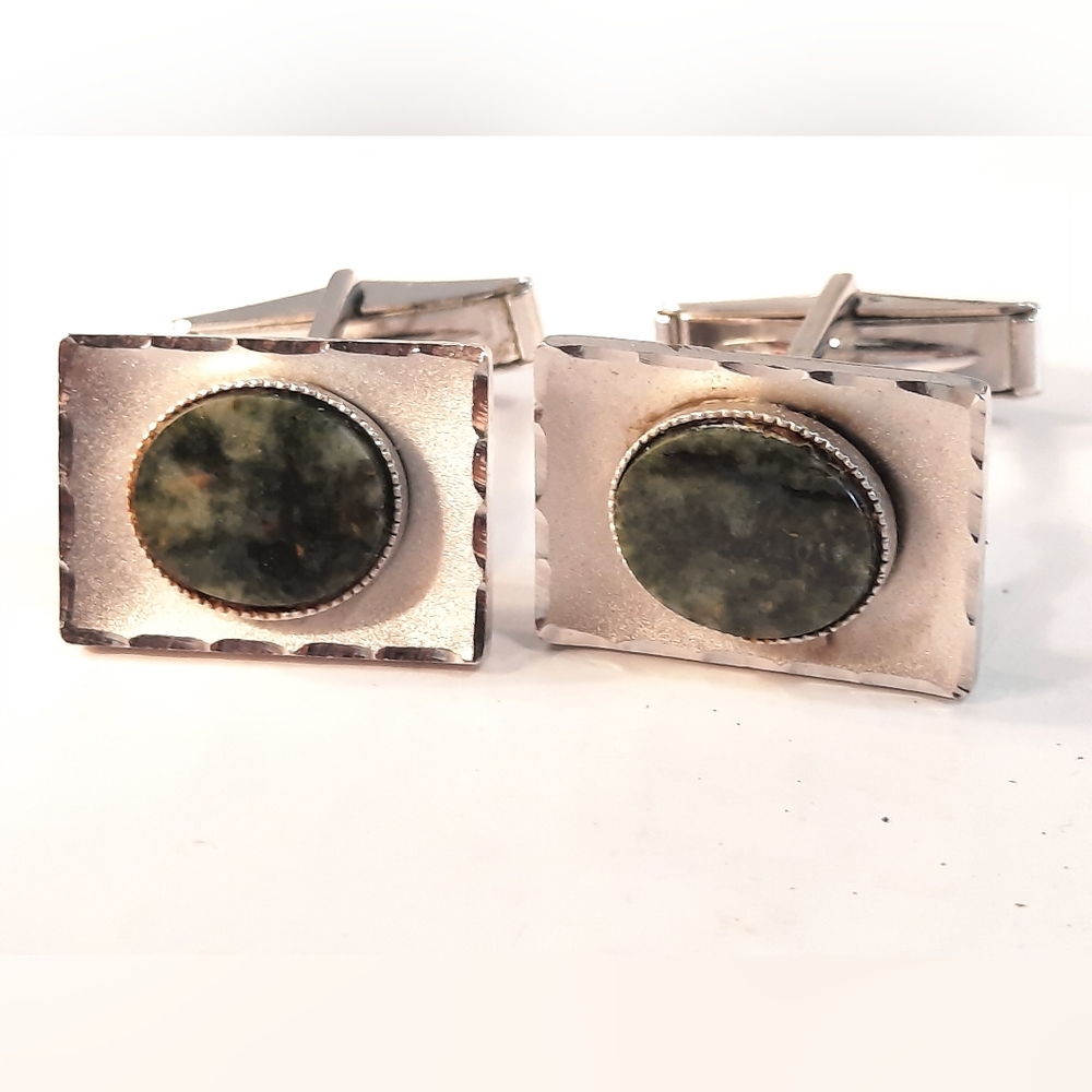 Silver Filled and Green Jade Stone Cufflinks